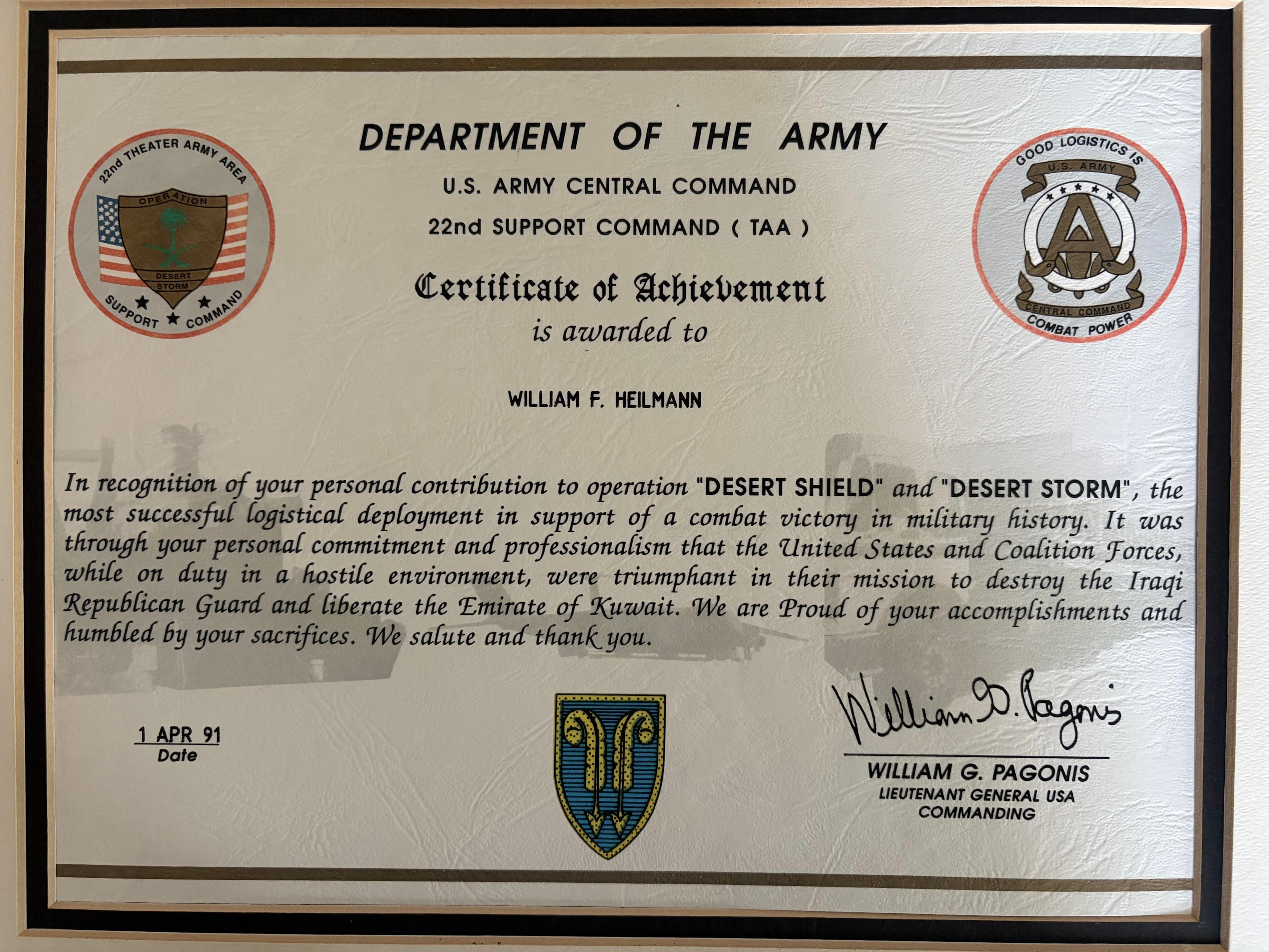 Certificate of Achievement from the Department of the Army